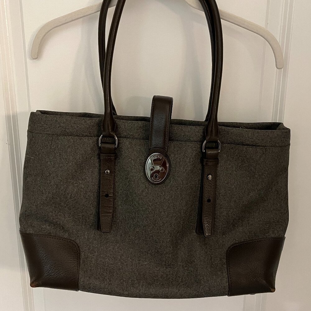 Tumi Villa Turin Gray Brown Leather Laptop Work Bag Tote